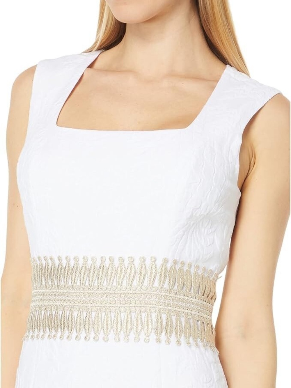 Lilly Pulitzer White Sleeveless Square-Neck Mini Dress with Gold Waist Trim - Picture 3 of 7